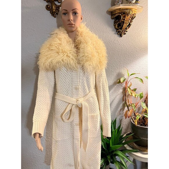 Colette mordo cardigan Sweater Trimmed With real Lamb Fur ,beige  size S - Picture 5 of 8
